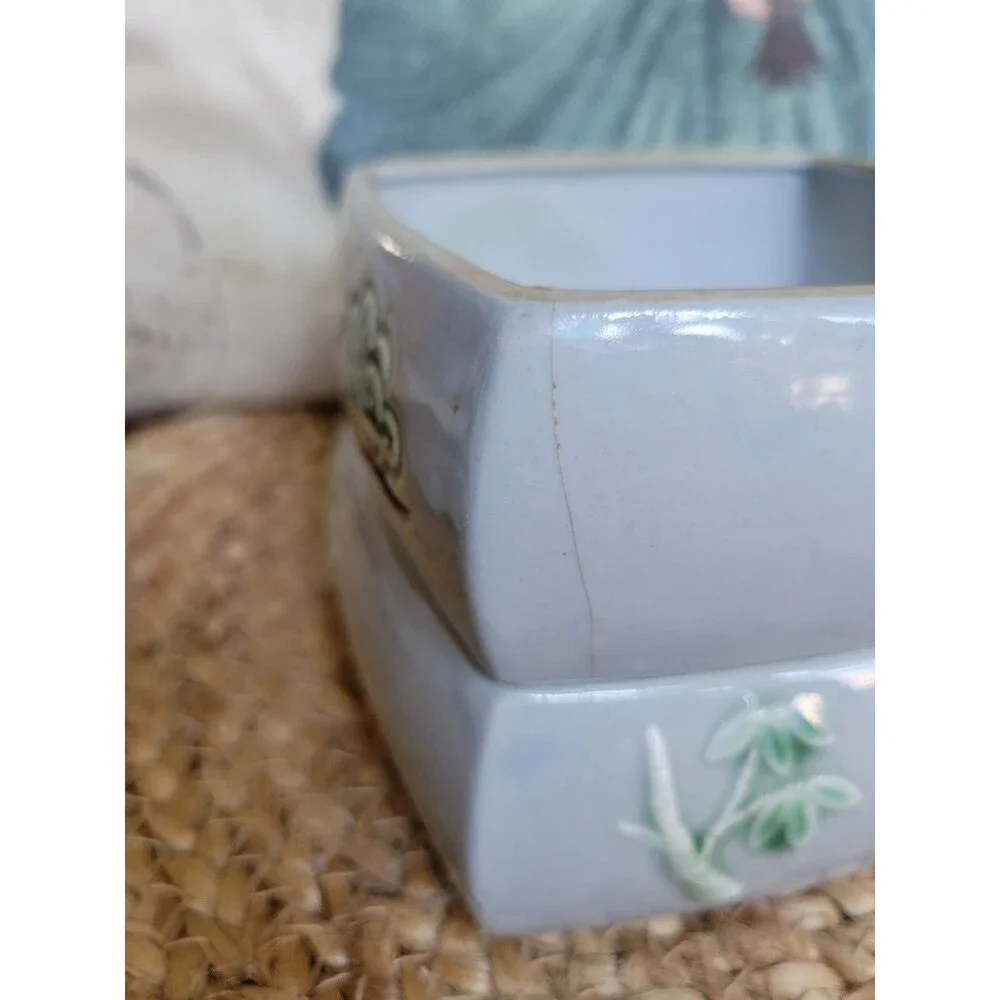 Asian Hand Painted Embossed Ceramic Stacking Boxes with Lid